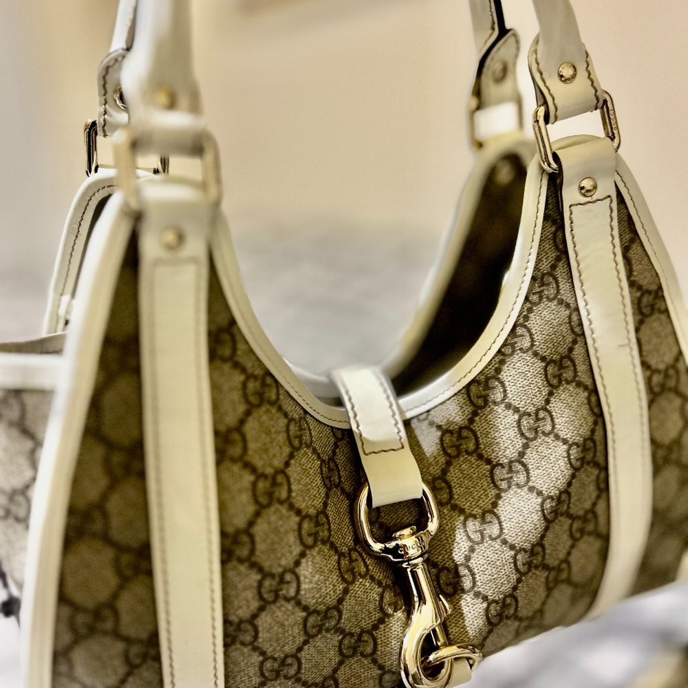 Beige Coated Canvas GUCCI JOY BARDOT Bag with gold-tone hardware, beige leather